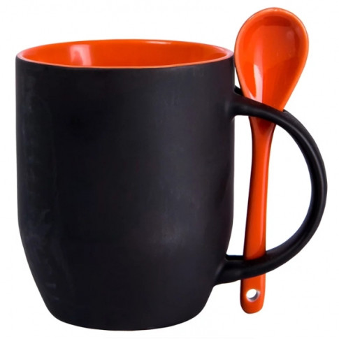 Caneca Cer. 325ml  Preta Magica C/ Colher Interna Laranja P/ Sublimaçao